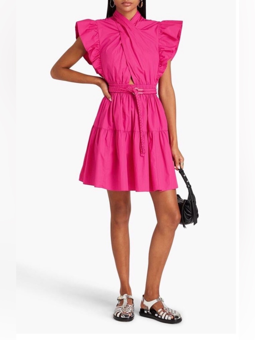 DEREK LAM 10 CROSBY Finn Pink Belted Ruffled Cotton-Poplin Mini Dress Size EU 44